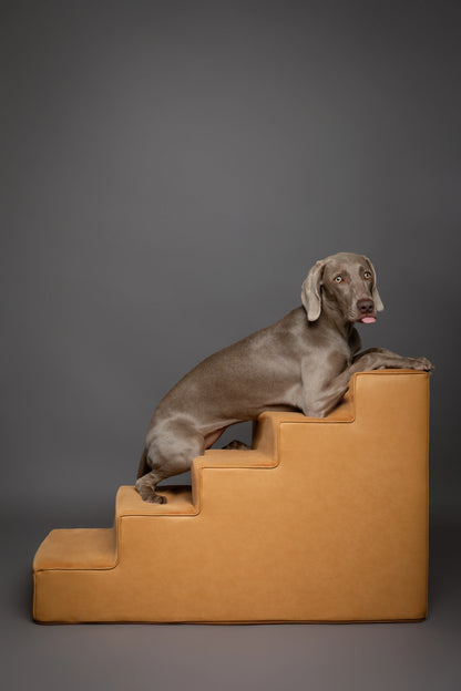 Luxury Dog Stairs for Bed, Faux Leather Collection, Camel