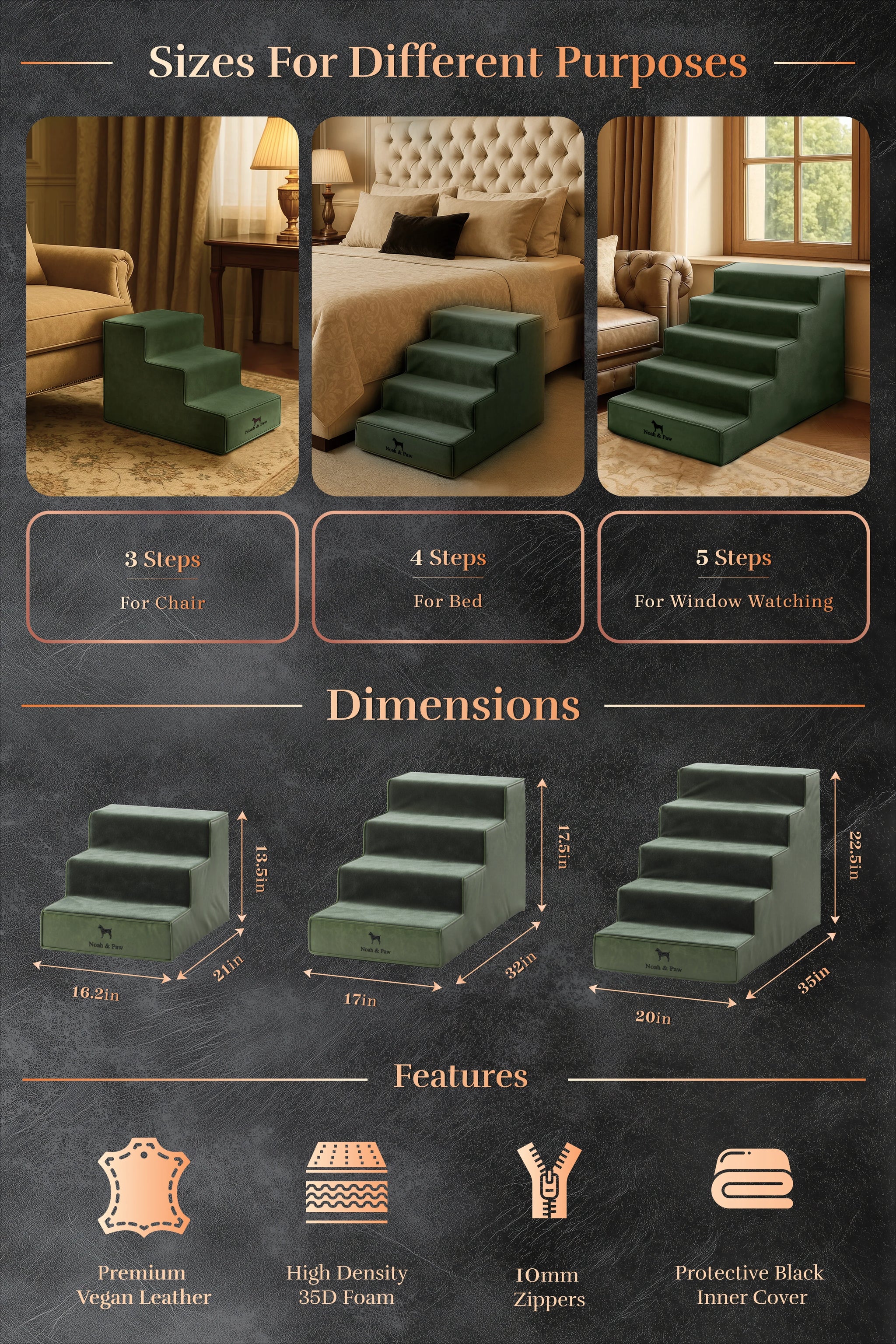 Luxury Dog Stairs for Bed, Faux Leather Collection, Dark Green