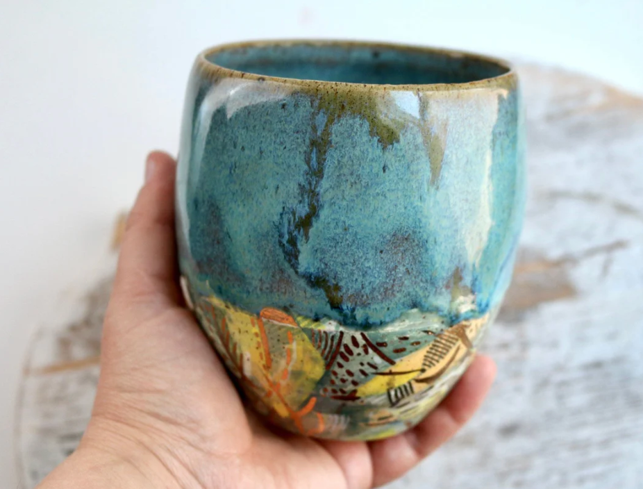 Handmade Ceramic Small Vase with Abstract Gold & Turquoise Hand Painting