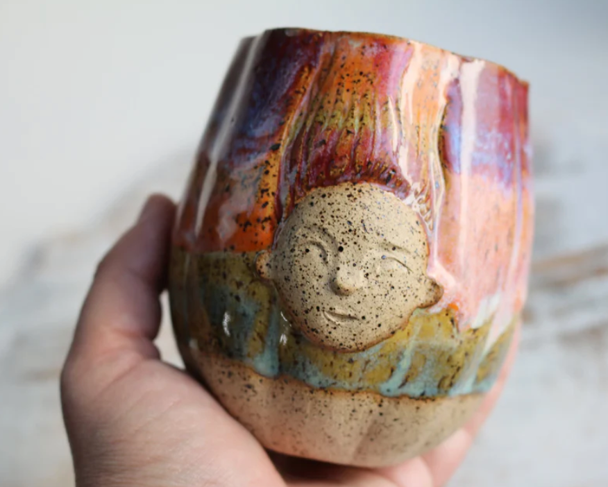 Handmade Pottery Mug - Artisan Made Ceramic Coffee Cup with Magical Face Design