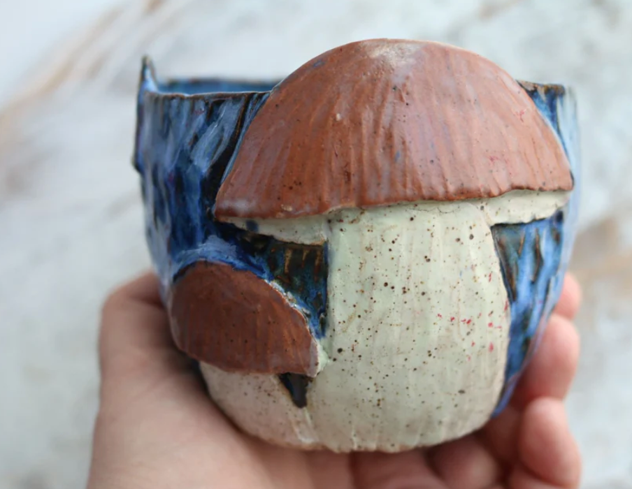 Handmade Mushroom Ceramic Bowl with Unique Handmade Relief - Blue Color