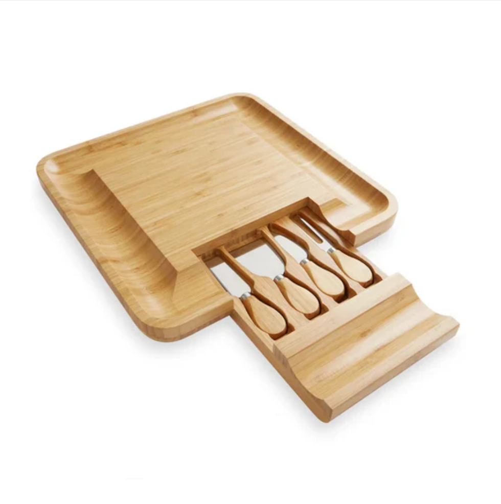 Bamboo 13'' Square Cheese Board with 4 Tools