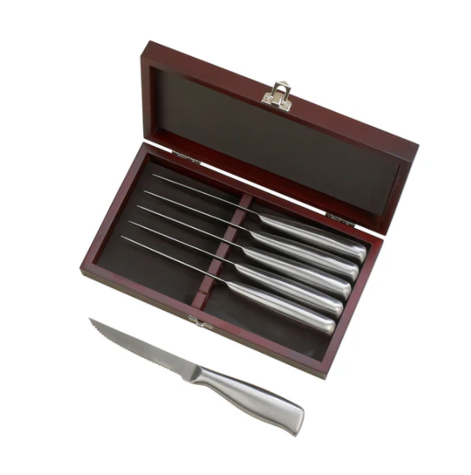 6 Piece Steak Knife Set In A Hinged Rosewood Finished Wood Case