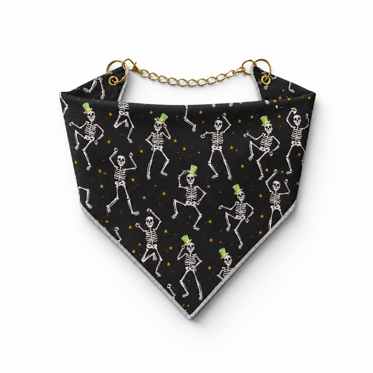Adjustable Gold Chain Dog Bandana - Dancing Skeletons