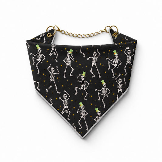 Adjustable Gold Chain Dog Bandana - Dancing Skeletons