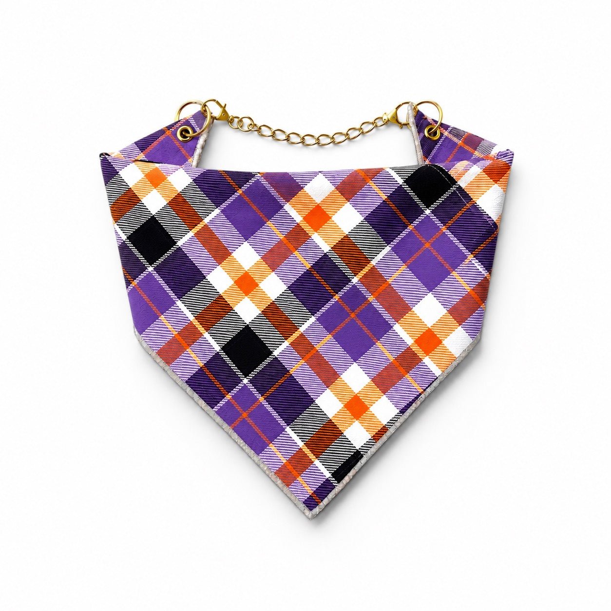 Adjustable Gold Chain Dog Bandana - Purple Halloween Plaid