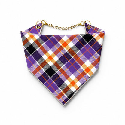 Adjustable Gold Chain Dog Bandana - Purple Halloween Plaid