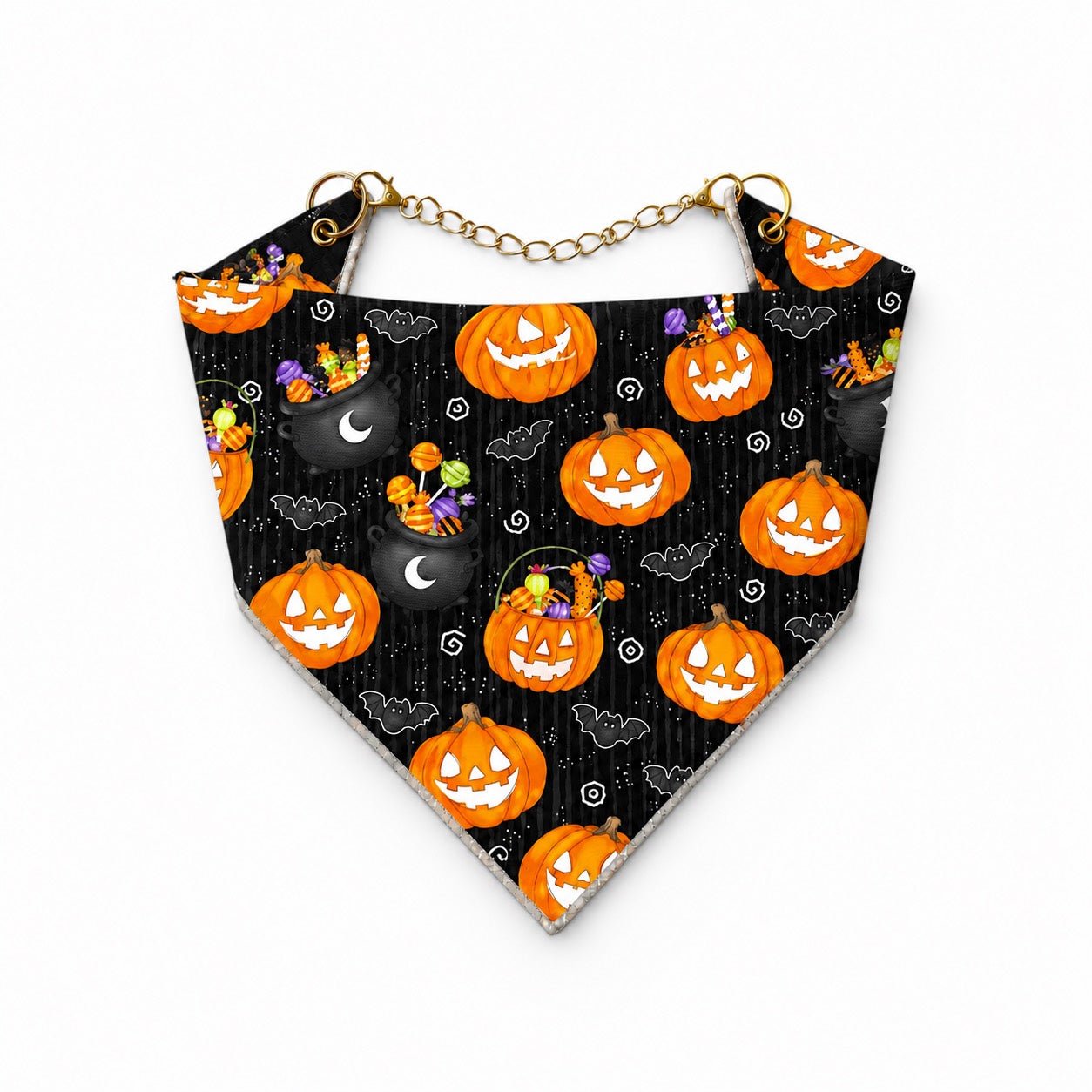 Adjustable Gold Chain Dog Bandana - Trick-or-Treat Pumpkins