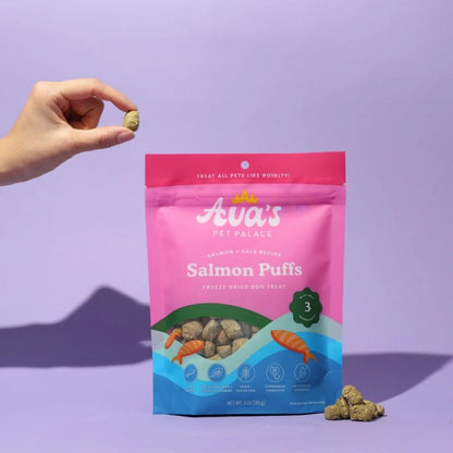 Ava's Pet Palace Freeze Dried Dog Treats - Salmon Puffs ( 6-Pack on Hanging Clip Strips )