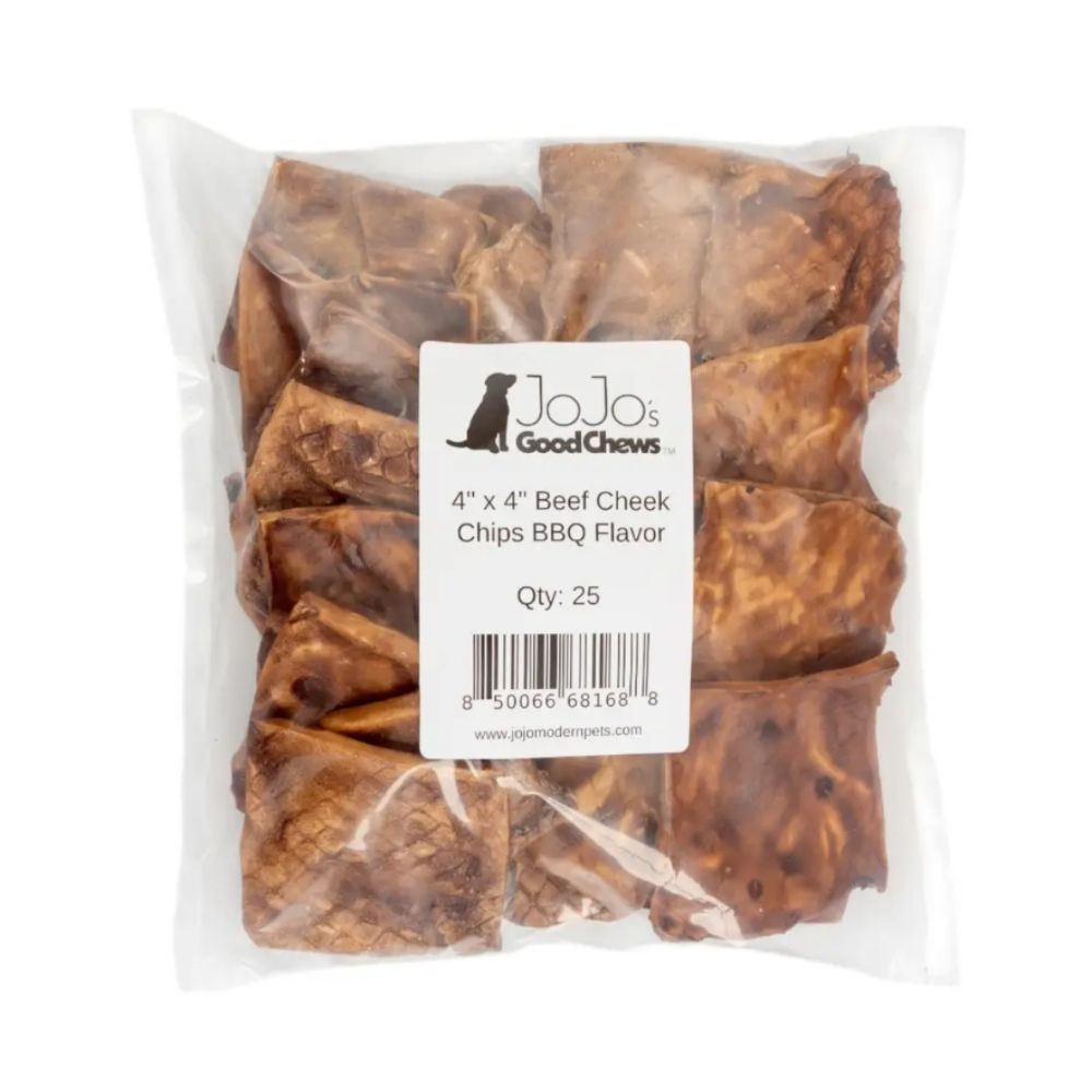 Beef Cheek Chips Dog Treats – BBQ Basted, 4”x4” All-Natural Chews (25-Count)
