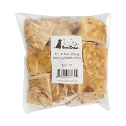 Beef Cheek Chips Dog Treats – Chicken Basted, 4”x4” All-Natural Chews (25-Count)