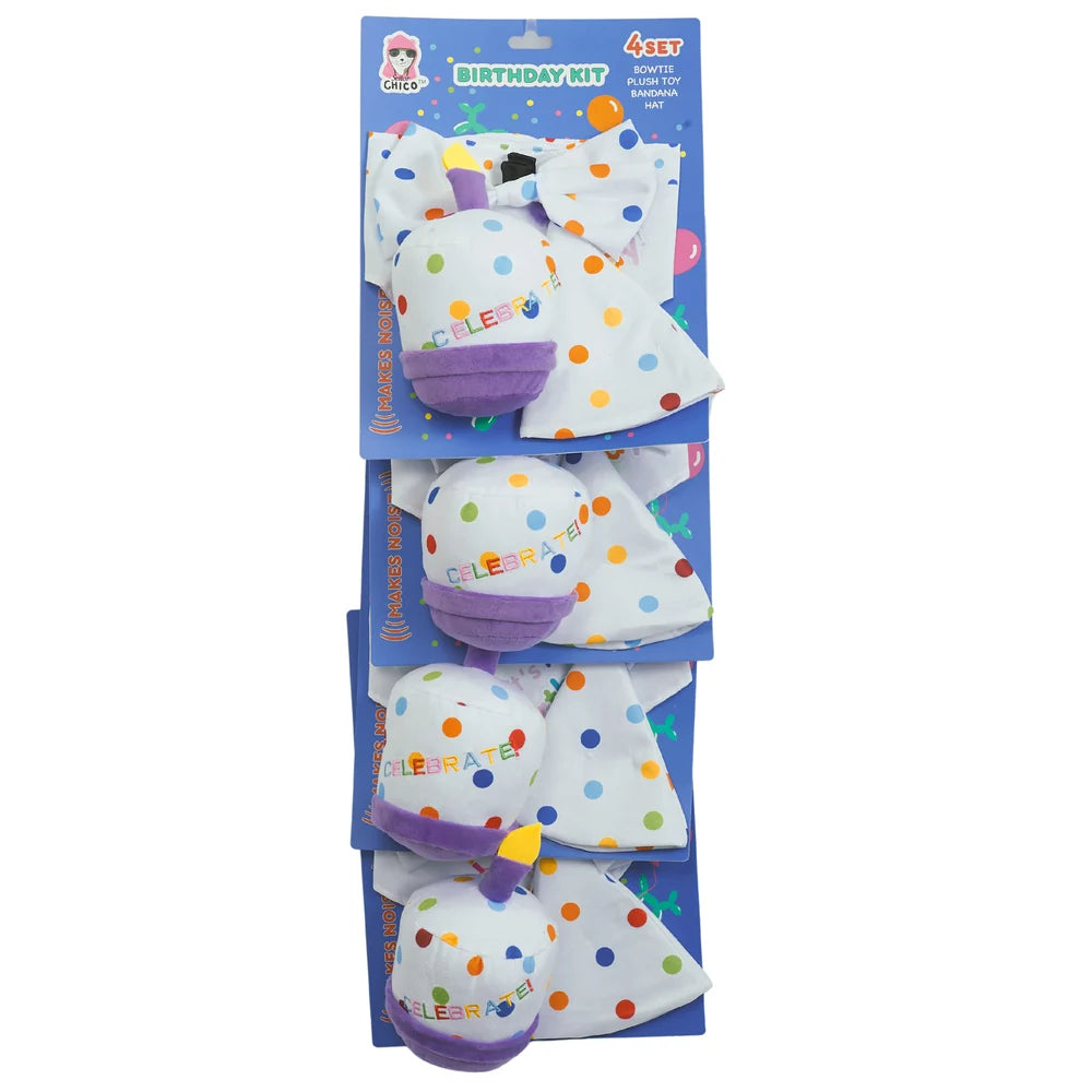 4-Piece Dog Birthday Kit: Bandana, Hat, Bow Tie, Plush Toy (4-Pack on Clip Strip)