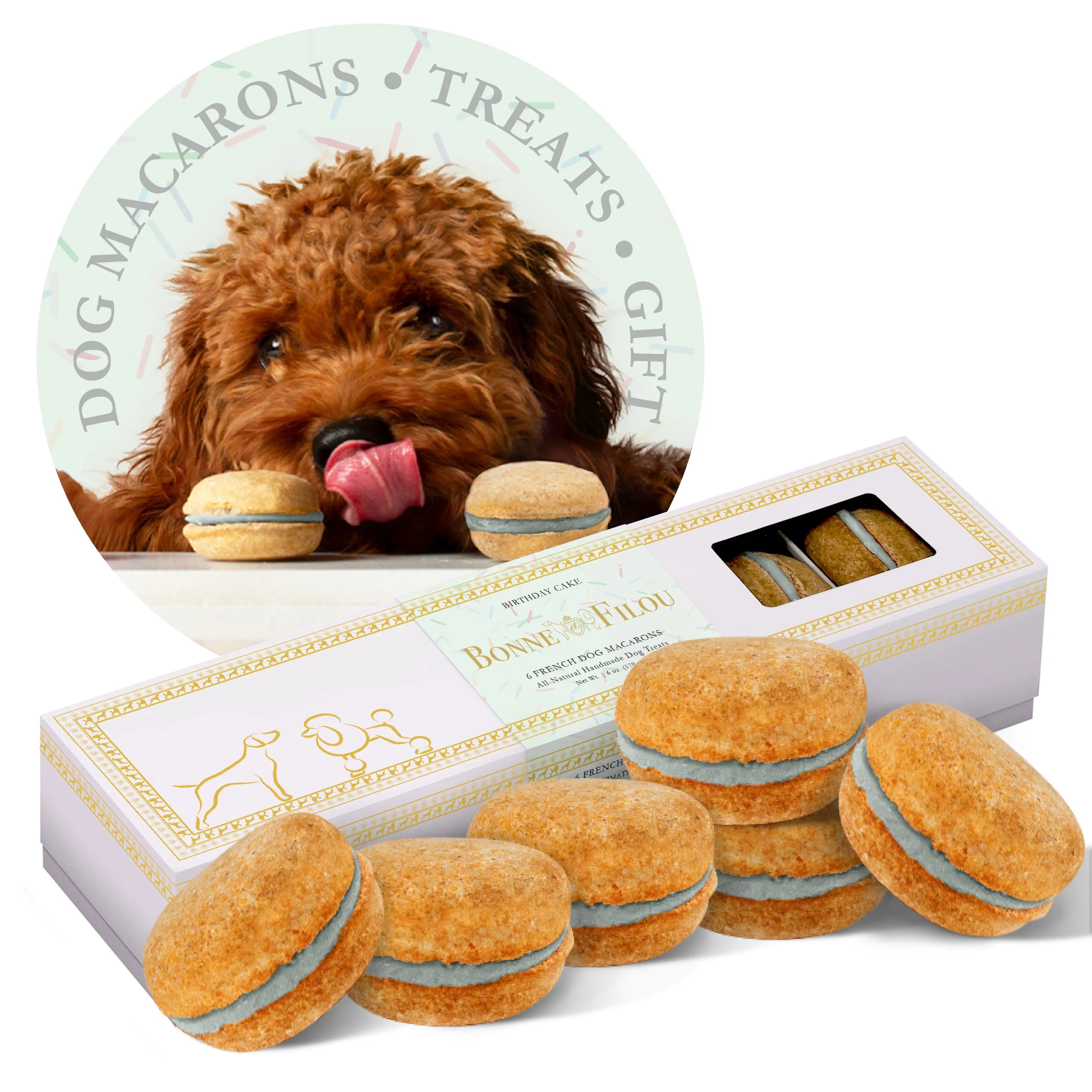 Six-count birthday cake dog macarons – perfect for dog celebrations