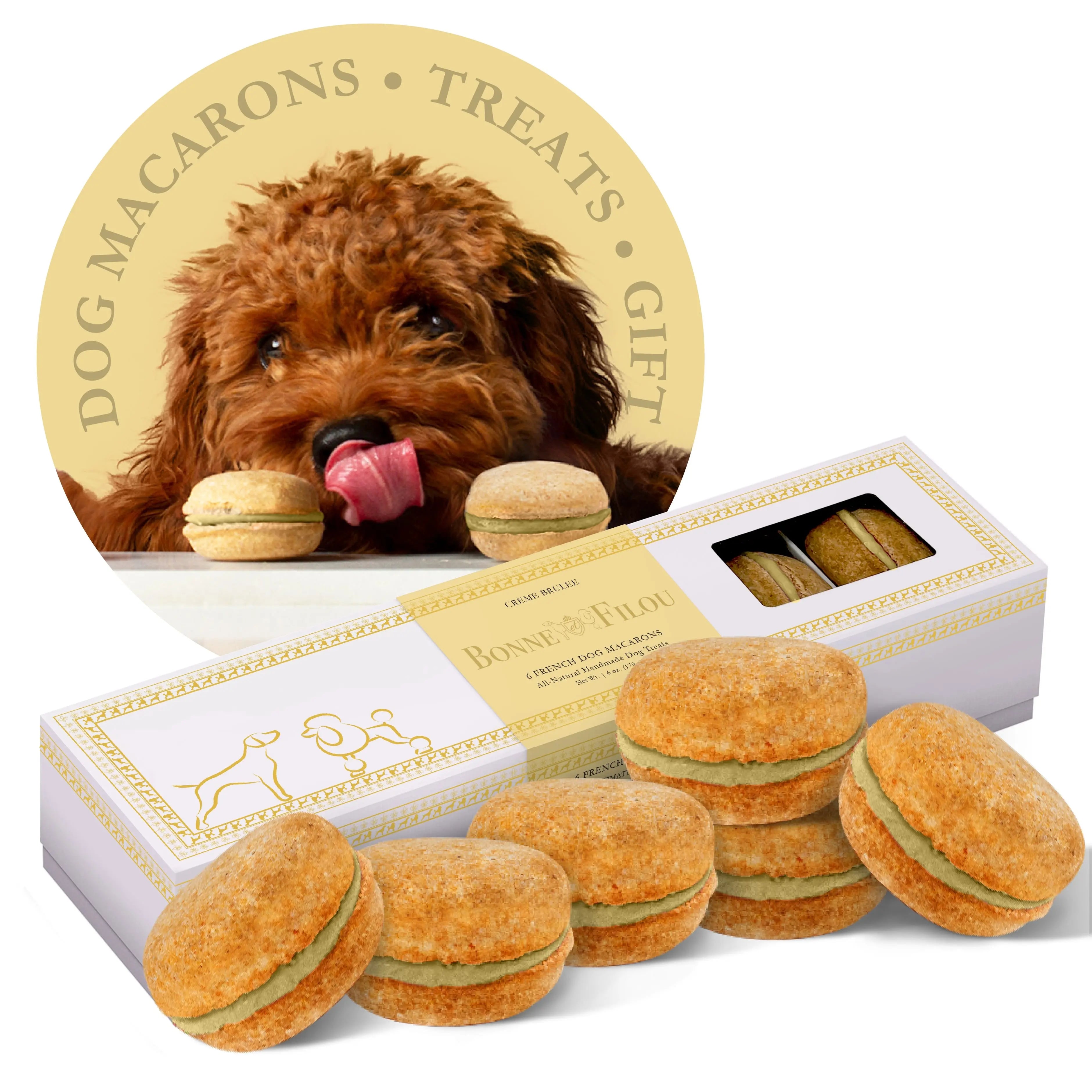 Six-count creme brulee dog macarons for fancy dog treat moments