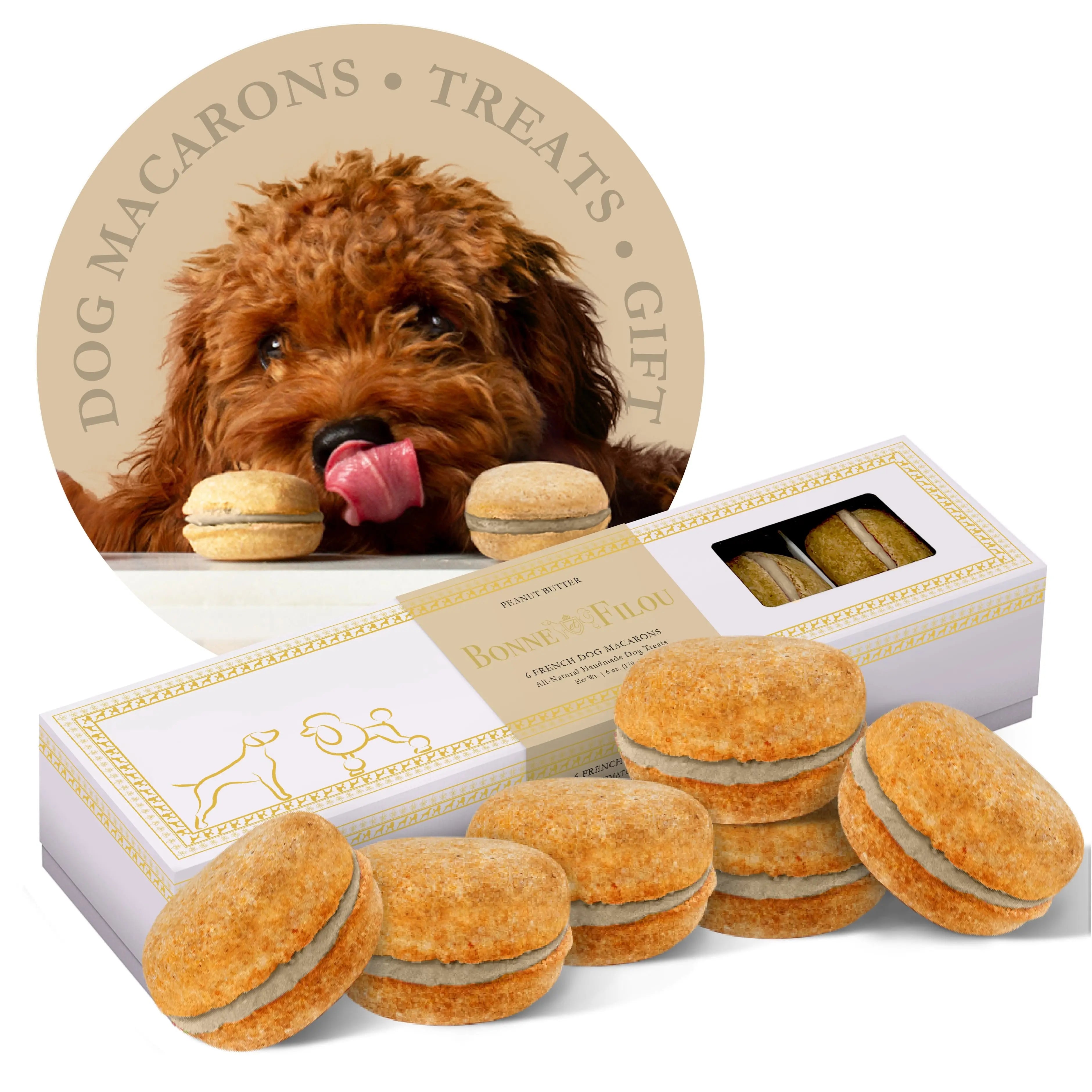 Six-count peanut butter dog macarons – a tasty canine delight.