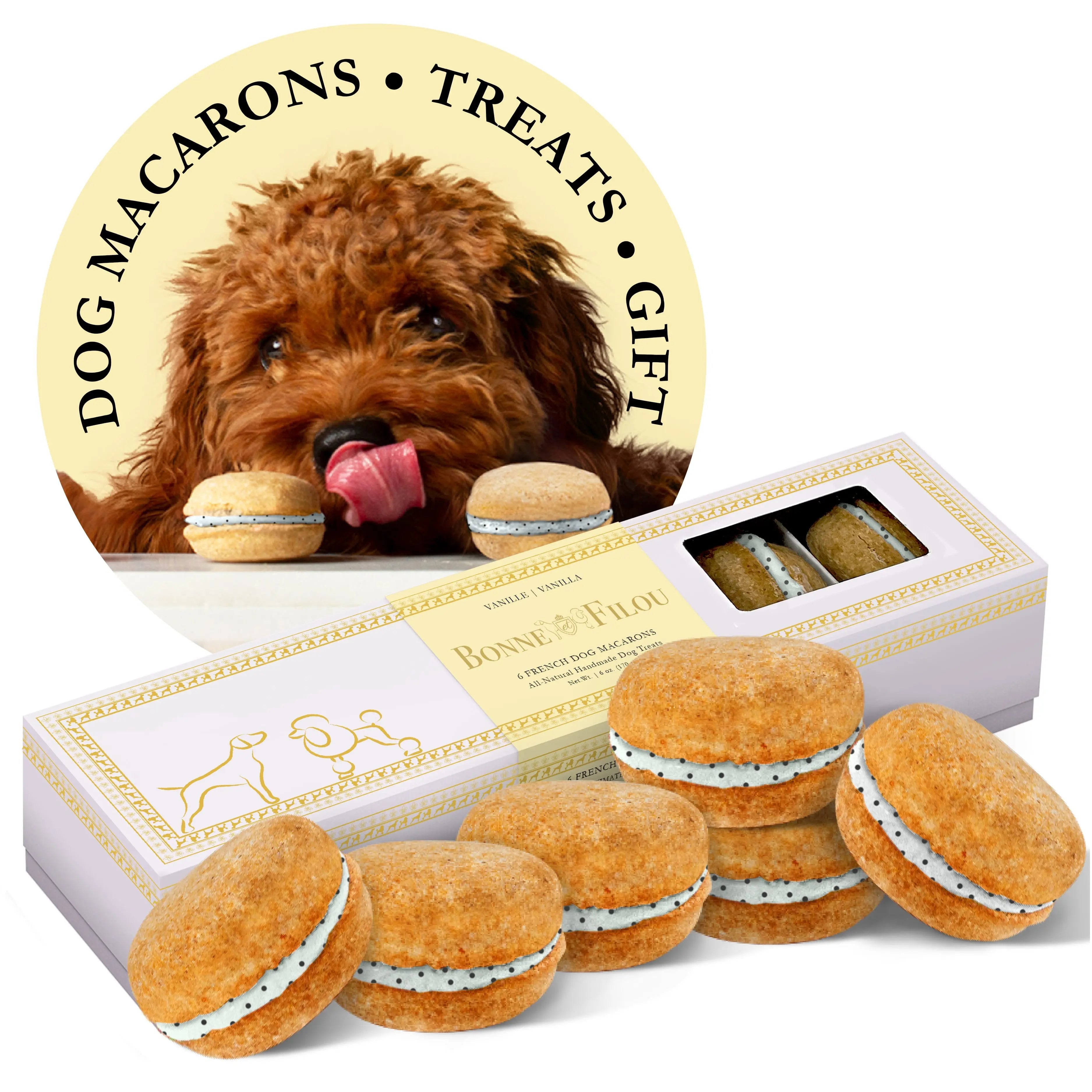 Six-count vanilla dog macarons made for pampered pups.