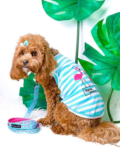 Parisian Pet 'Flamingos' Dog Shirt – Lightweight & Breathable Summer Outfit for Small Dogs & Cats, Light Blue and White Stripes