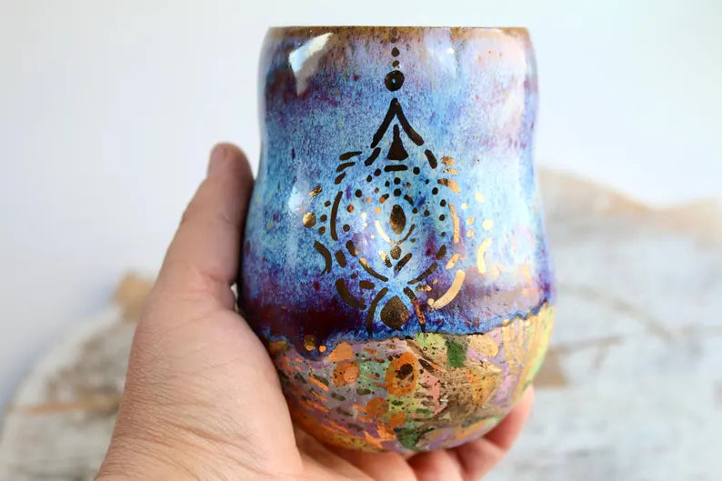 Artisan hand painted pottery Mug with Mandala Design – Blue, Purple, and Gold Accents