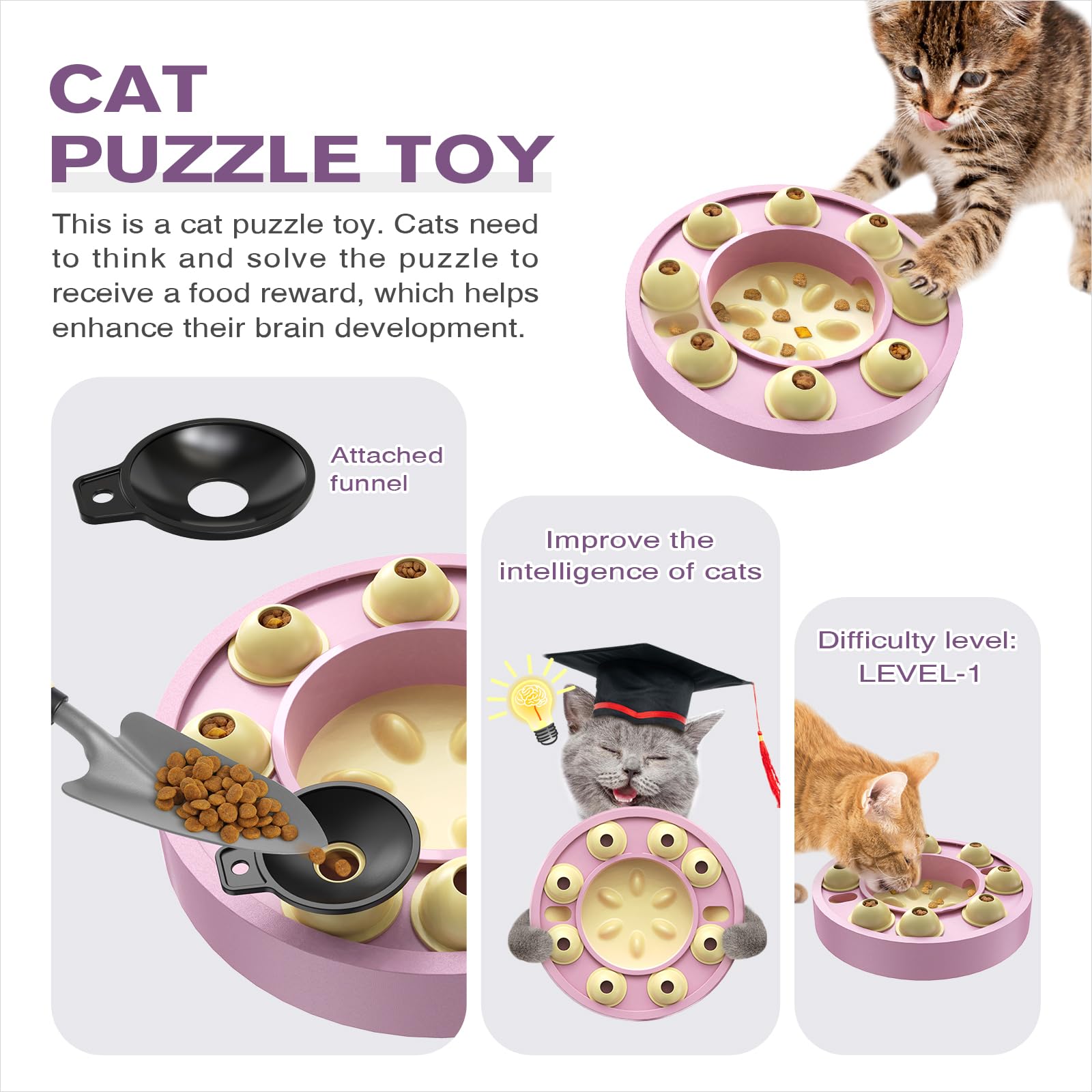 KADTC U.S. Brand & Design - Cat Treat Puzzle Feeder for Indoor Cats Slow Food Bowl Kitten Enrichment Pink Toys Kitty Stimulating Game Christmas And New Year Gift