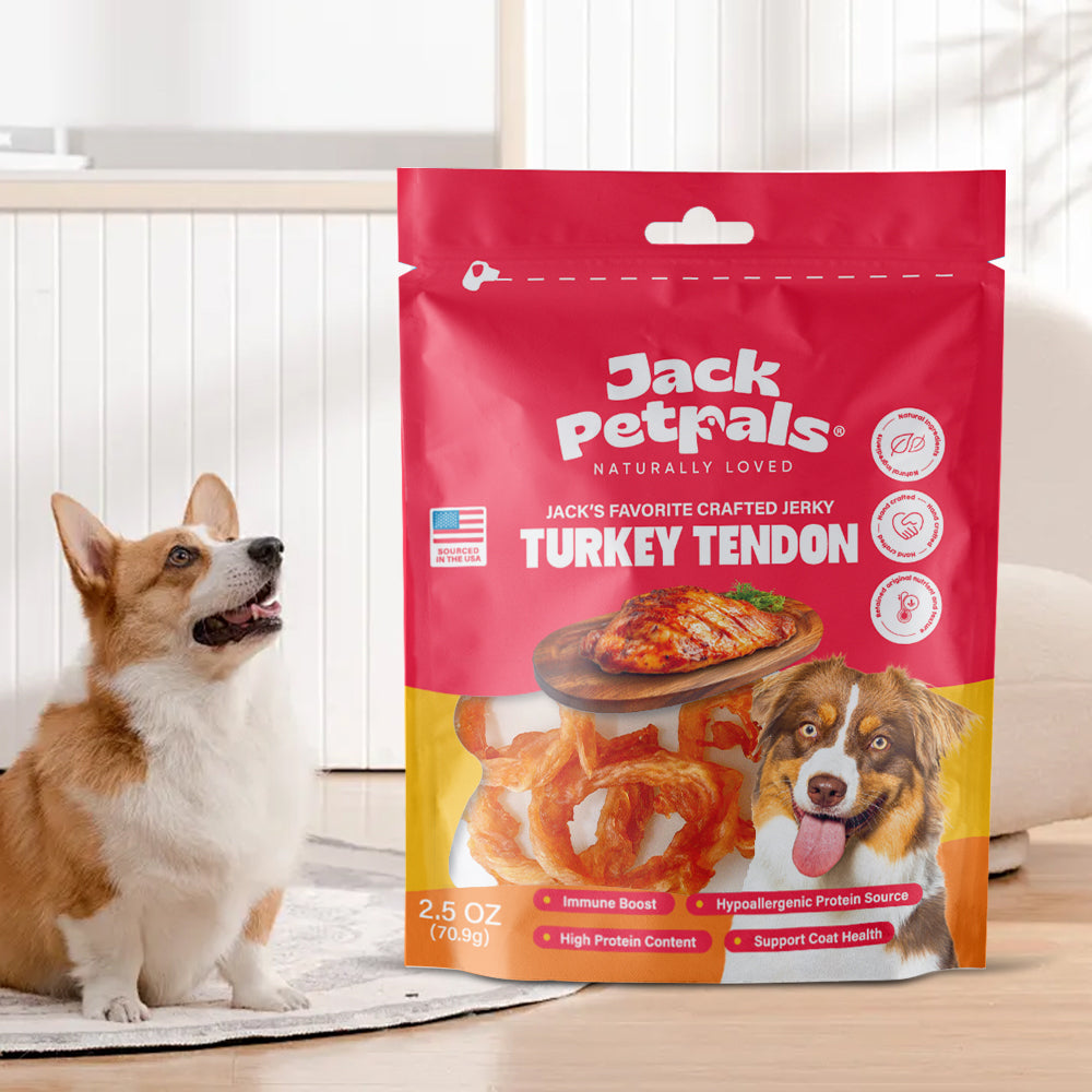 Jack’s Favorite Jerky Turkey Tendon Dog Treats (2.5oz) ( 6-Pack on Hanging Clip Strips )