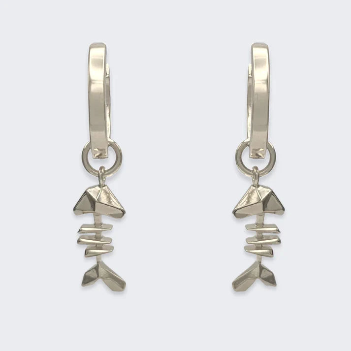 Mars Fish Bone Huggie Hoop Earrings, Sterling Silver