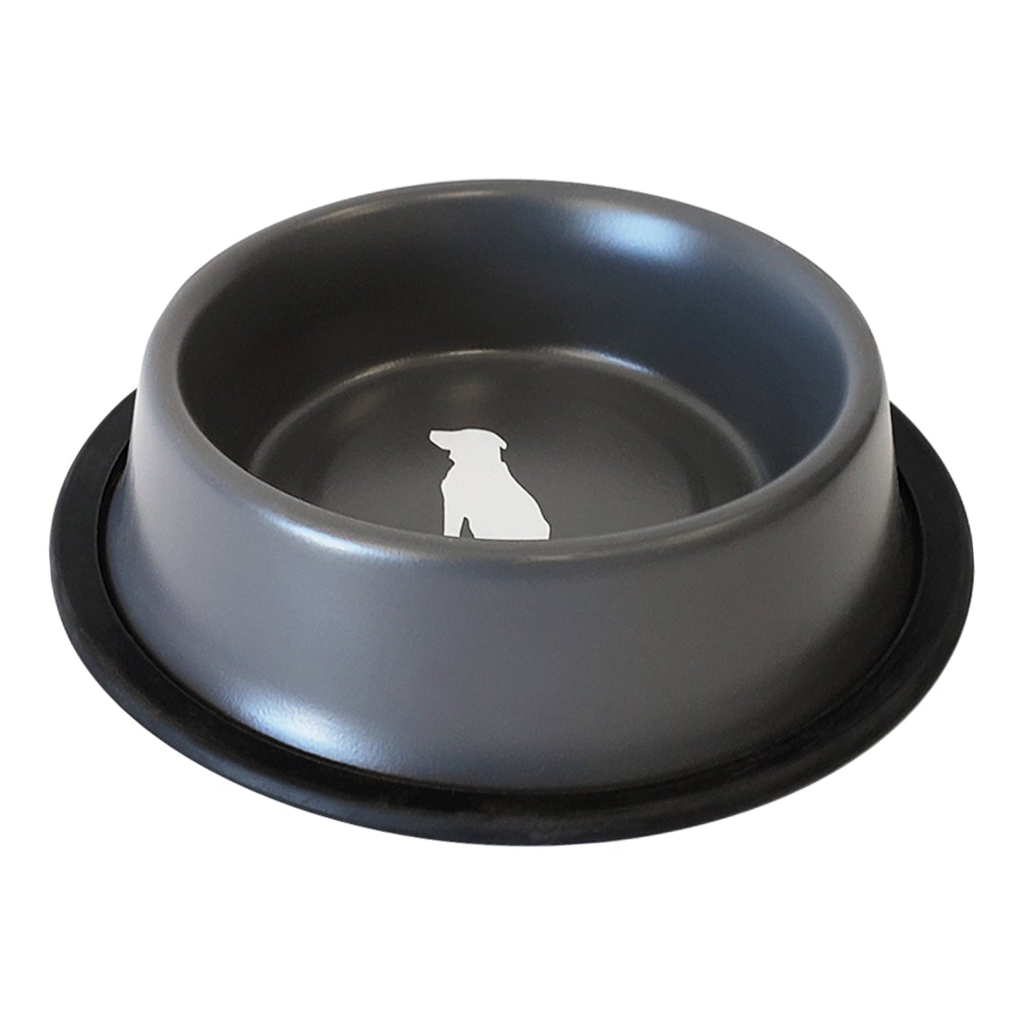 Matte gray stainless steel dog bowl with non-skid base