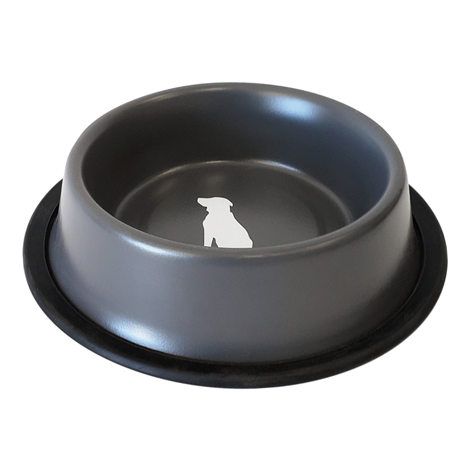 Matte gray stainless steel dog bowl with non-skid base