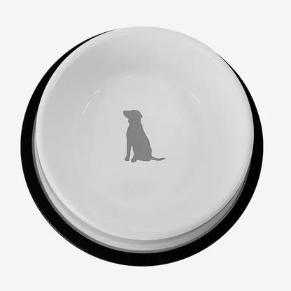 Non Skid Stainless Steel Dog Bowl with Dog Print - White with Gray Dog Design