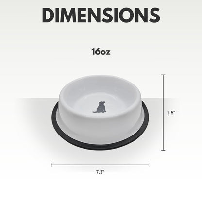 Non Skid Stainless Steel Dog Bowl with Dog Print - White with Gray Dog Design