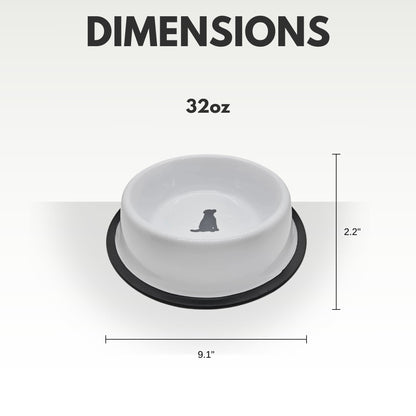 Non Skid Stainless Steel Dog Bowl with Dog Print - White with Gray Dog Design