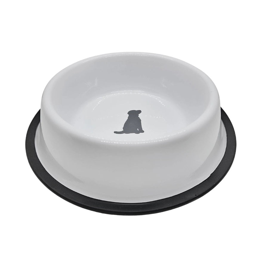 Non skid stainless steel dog bowl with white and gray dog print