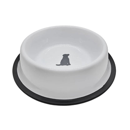Non skid stainless steel dog bowl with white and gray dog print