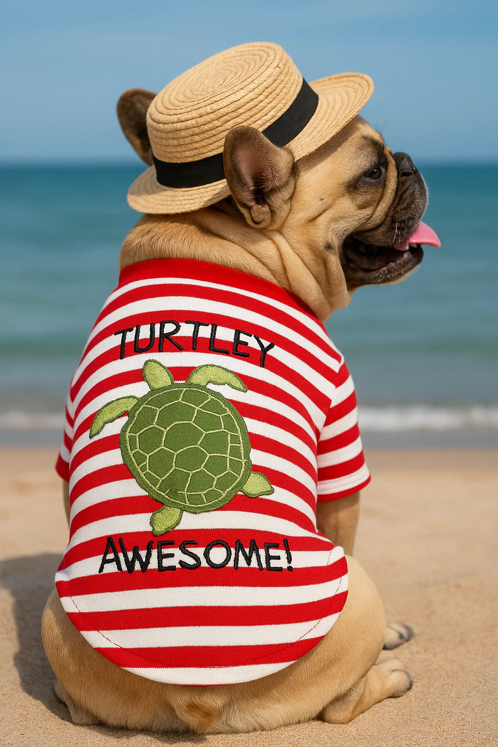 Parisian Pet 'Turtley Awesome' Dog Shirt – Fun Slogan Cotton Pet T-Shirt for Dogs & Cats, Red and White Stripes