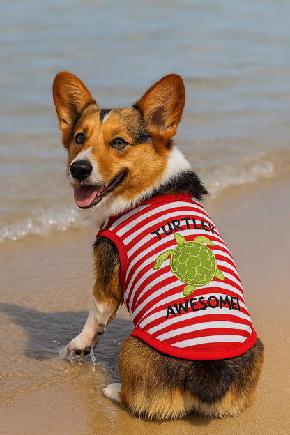 Parisian Pet 'Turtley Awesome' Dog Shirt – Fun Slogan Cotton Pet T-Shirt for Dogs & Cats, Red and White Stripes